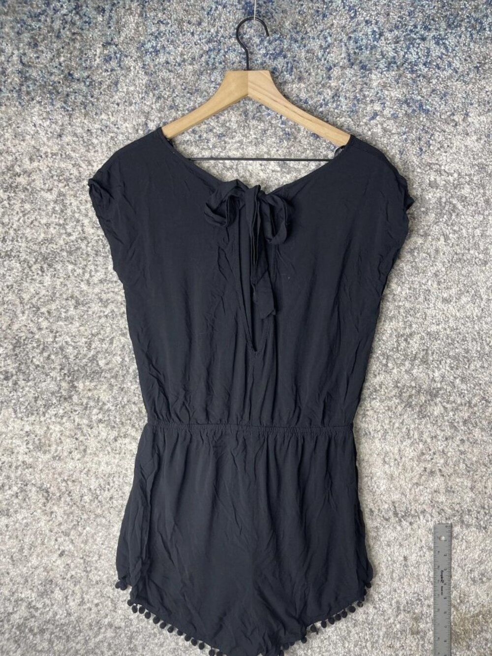 Anthropologie Romper Womens Medium Short Sleeve Pom Pom Tie Back Boho Rayon